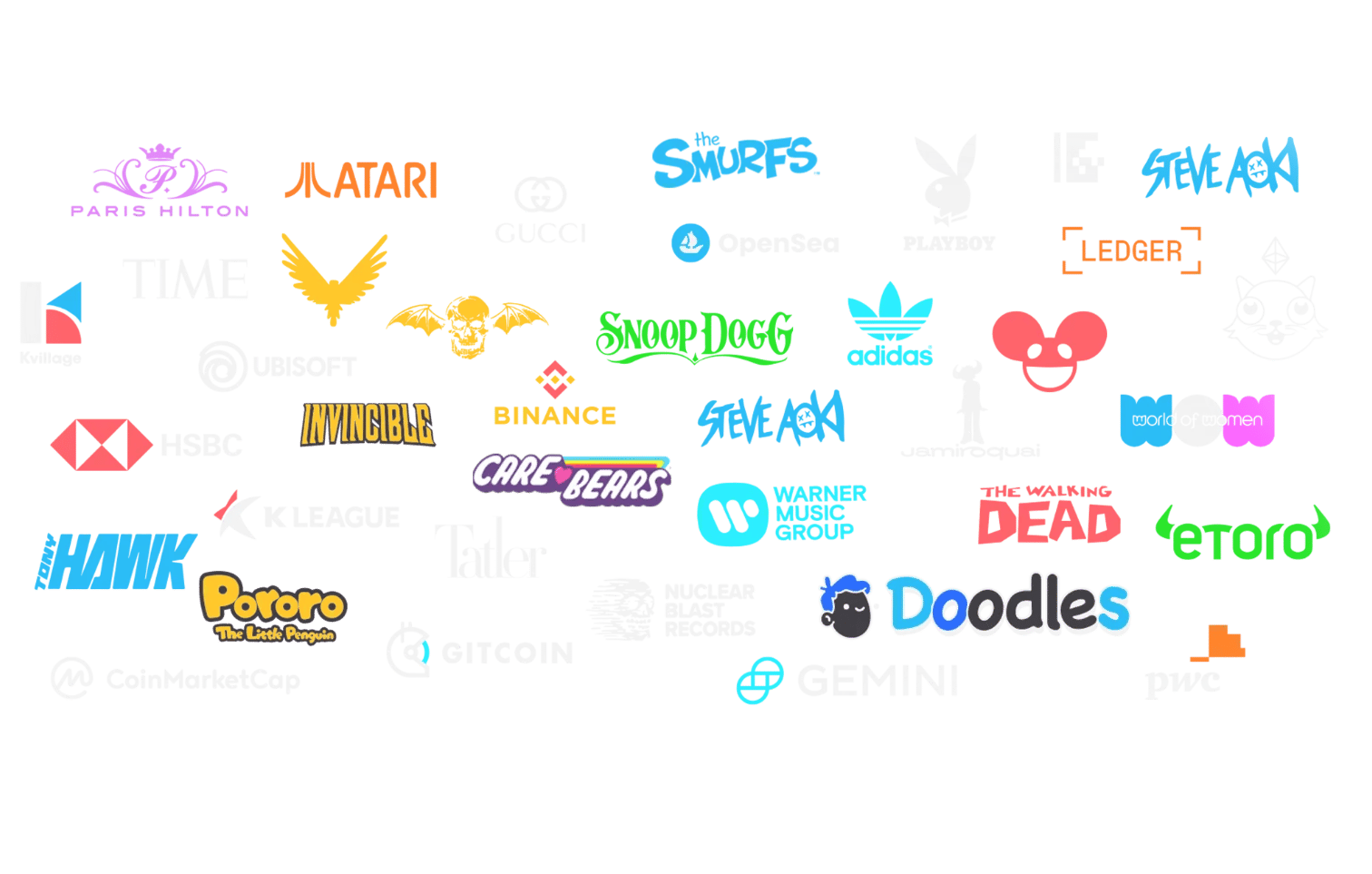 Image showing multiple partners logos (including Care Bears, Snoop Dogg, Binance and multiple more) on a blurred background